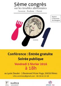 Conférence sur les troubles alimentaires. Le vendredi 5 février 2016 à Nimes. Gard.  18H00